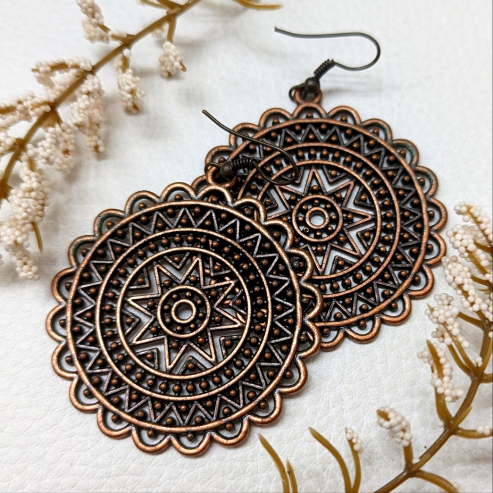 Antique Style Bronze Copper Large Round Earrings